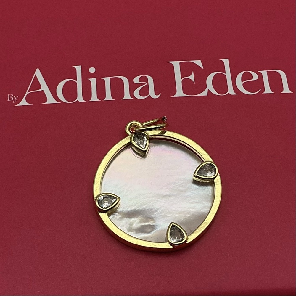 Adina Eden Mother of Pearl CZ Gold Tone Round Pendant Charm NIB